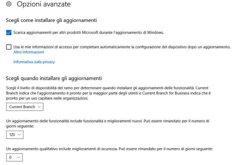 Windows 10 - update - Opzioni Avanzate
