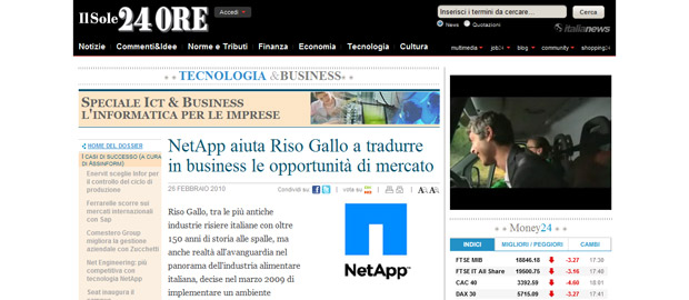 Il Sole 24 ORE parla della case Riso Gallo e NetApp